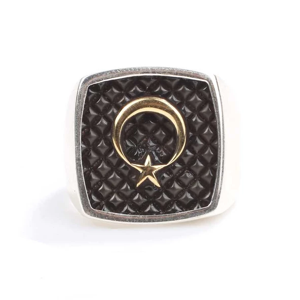 925 Ayar Gümüş Kabartmalı Ay Yıldız Erkek Yüzük - Resim 4