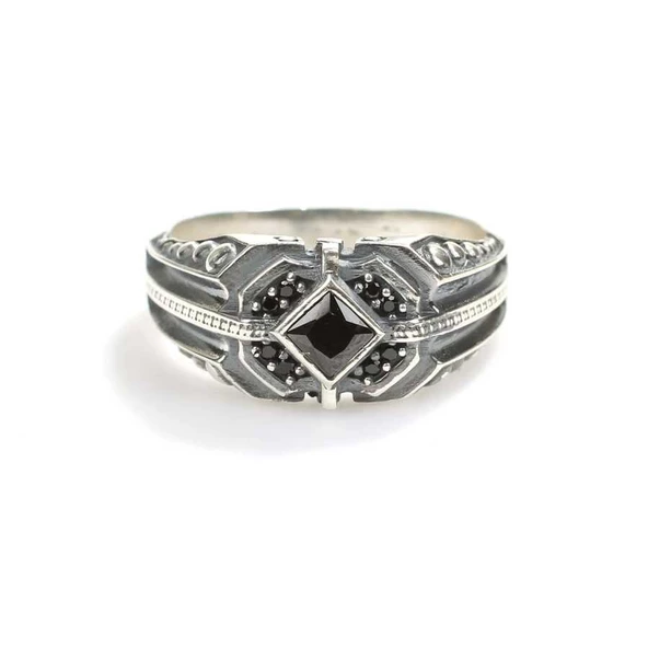 925 Ayar Gümüş Kare Onix Taşlı Erkek Yüzük - Resim 5