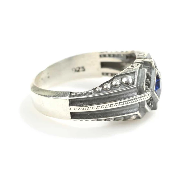 925 Ayar Gümüş Kare Safir Taşlı Kenarı Onix Taşlı Erkek Yüzük - Resim 4