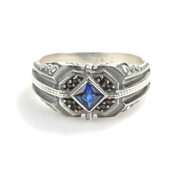 925 Ayar Gümüş Kare Safir Taşlı Kenarı Onix Taşlı Erkek Yüzük - Resim 5