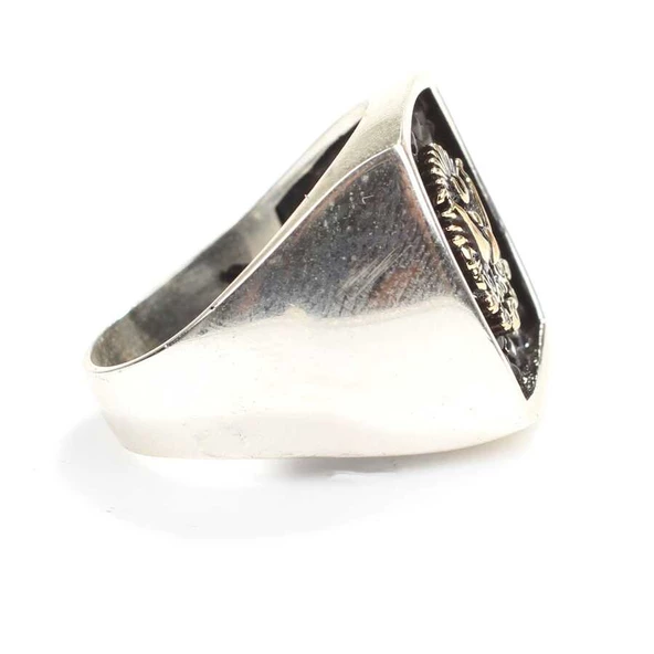 925 Ayar Gümüş Kabartmalı Osmanlı Devlet Arması Erkek Yüzük - Resim 3