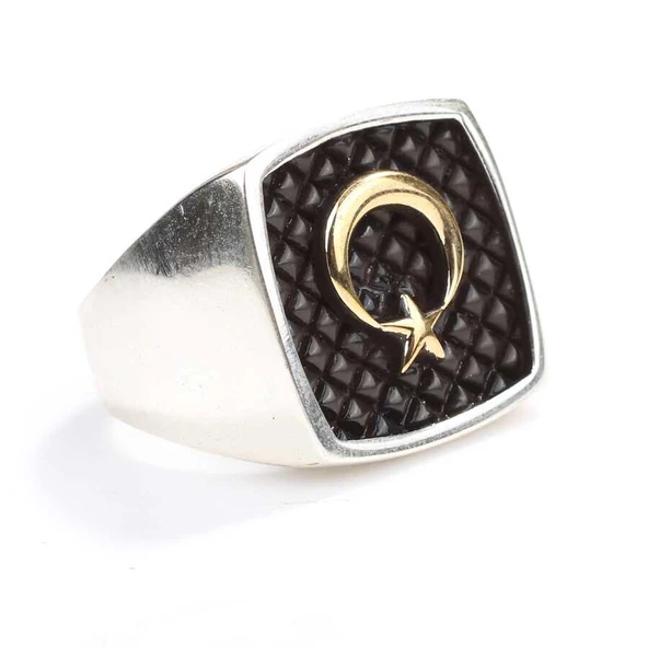 925 Ayar Gümüş Kabartmalı Ay Yıldız Erkek Yüzük - Resim 2