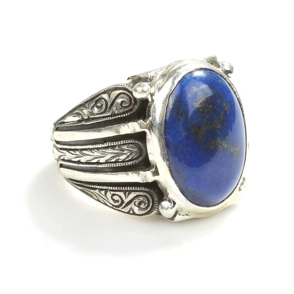 925 Ayar Gümüş Oval Lapis Taşlı Erkek Yüzük - Resim 3