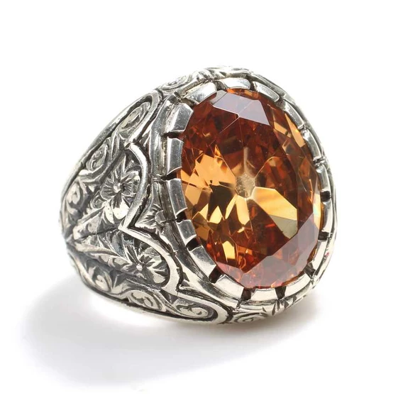 925 Ayar Gümüş Sitrin Taşlı İşlemeli Kollu Erkek Yüzük - Resim 3