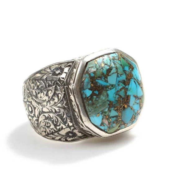 925 Ayar Gümüş El Kalemi İşlemeli Kolu & Damarlı Firuze Taşlı Erkek Yüzüğü ürün görseli