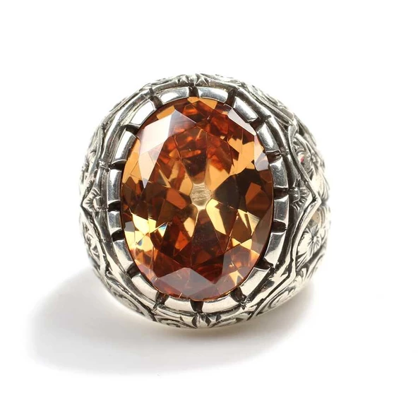 925 Ayar Gümüş Sitrin Taşlı İşlemeli Kollu Erkek Yüzük - Resim 5