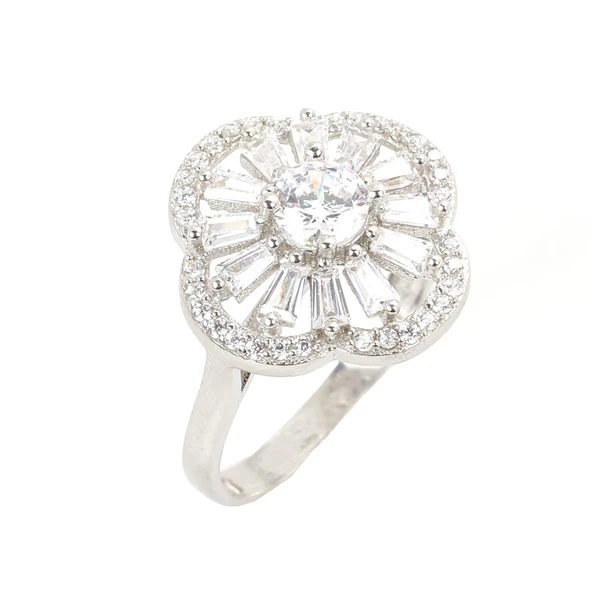 925 Ayar Gümüş Yonca Modeli Baget ve Zirkon Taşlı Yüzük - Resim 6