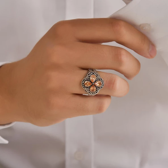 925 Ayar Gümüş Damla Taşlı Turuncu Topaz İşlemeli Yüzük ürün görseli