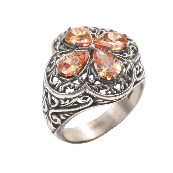 925 Ayar Gümüş Damla Taşlı Turuncu Topaz İşlemeli Yüzük - Resim 2