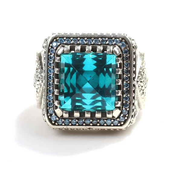 925 Ayar Gümüş işlemeli Akuamarin Taşlı Erkek Yüzük - Resim 5