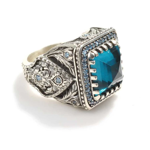925 Ayar Gümüş işlemeli Akuamarin Taşlı Erkek Yüzük - Resim 3
