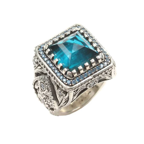 925 Ayar Gümüş işlemeli Akuamarin Taşlı Erkek Yüzük ürün görseli