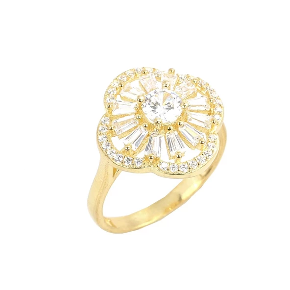 925 Ayar Gümüş Yonca Modeli Baget ve Zirkon Taşlı Yüzük ürün görseli