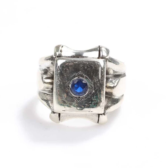 925 Ayar Gümüş Safir Taşlı Kare Kaşlı Erkek Yüzük - Resim 4