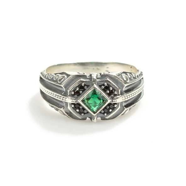 925 Ayar Gümüş Zümrüt Kare Taşlı Motifli Erkek Yüzük - Resim 5