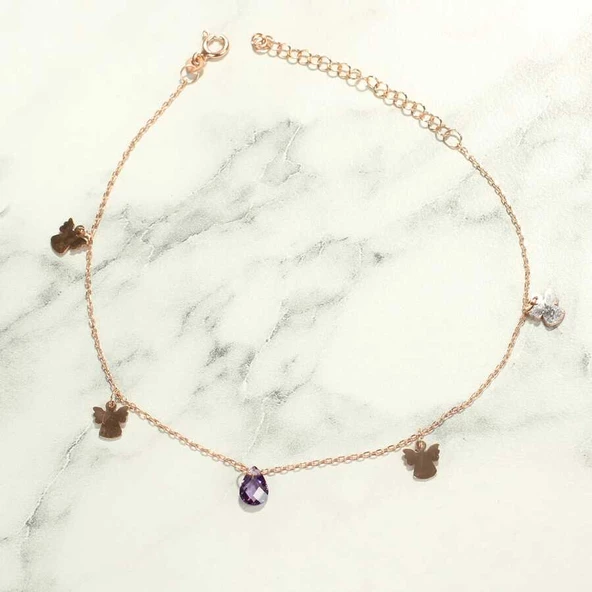 925 Ayar Gümüş Ametist Taşlı Melek Halhal - Resim 3