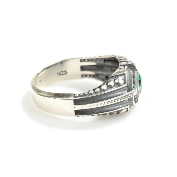 925 Ayar Gümüş Zümrüt Kare Taşlı Motifli Erkek Yüzük - Resim 4