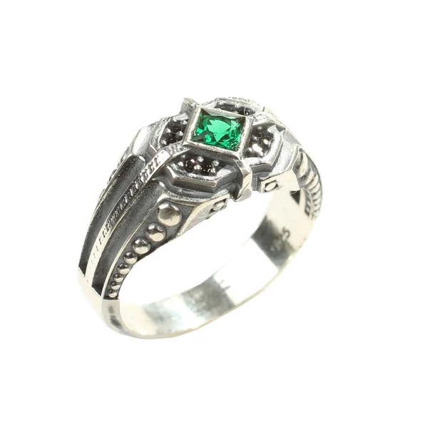 925 Ayar Gümüş Zümrüt Kare Taşlı Motifli Erkek Yüzük - Resim 2