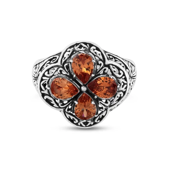 925 Ayar Gümüş Damla Taşlı Turuncu Topaz İşlemeli Yüzük - Resim 7