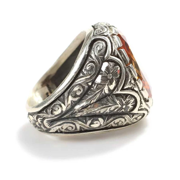 925 Ayar Gümüş Sitrin Taşlı İşlemeli Kollu Erkek Yüzük - Resim 4