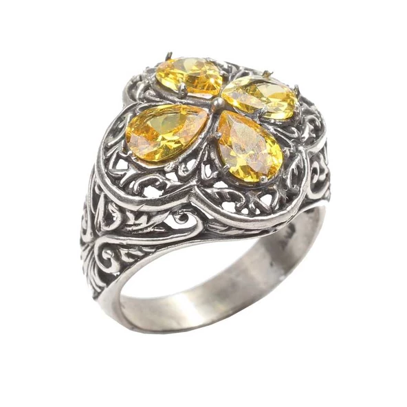 925 Ayar Gümüş Sitrin Taşlı İşlemeli Yüzük ürün görseli 1