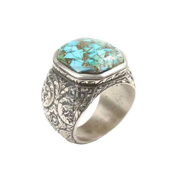 925 Ayar Gümüş El Kalemi İşlemeli Kolu & Damarlı Firuze Taşlı Erkek Yüzüğü - Resim 2