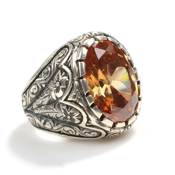 925 Ayar Gümüş Sitrin Taşlı İşlemeli Kollu Erkek Yüzük ürün görseli