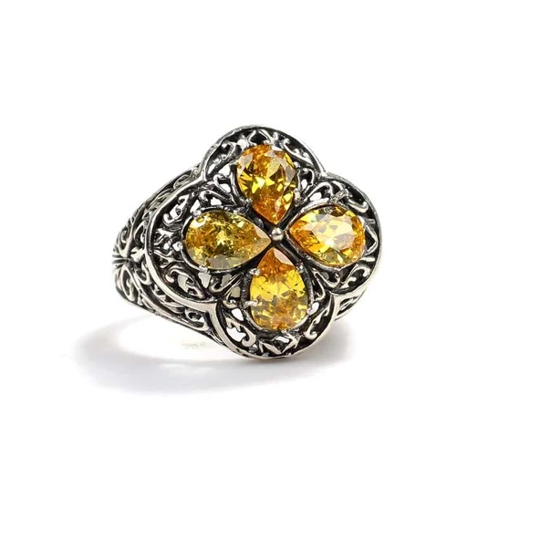 925 Ayar Gümüş Sitrin Taşlı İşlemeli Yüzük - Resim 5