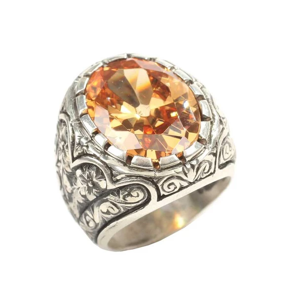 925 Ayar Gümüş Sitrin Taşlı İşlemeli Kollu Erkek Yüzük - Resim 2