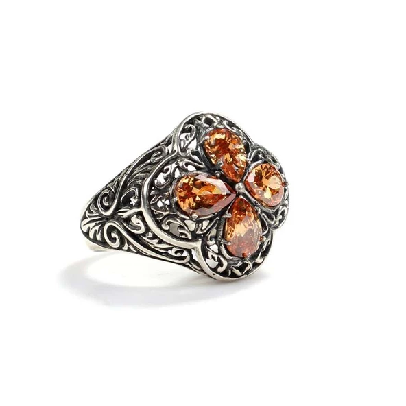 925 Ayar Gümüş Damla Taşlı Turuncu Topaz İşlemeli Yüzük - Resim 3