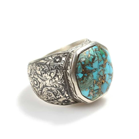 925 Ayar Gümüş El Kalemi İşlemeli Kolu & Damarlı Firuze Taşlı Erkek Yüzüğü - Resim 3