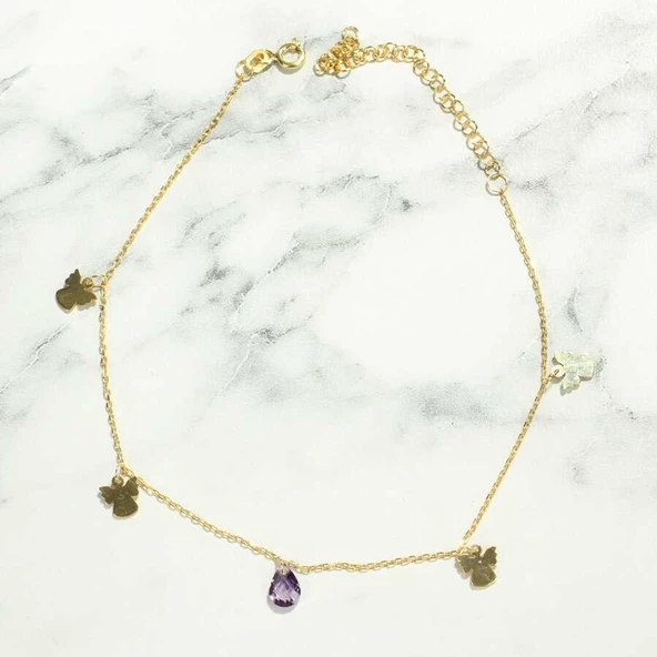 925 Ayar Gümüş Ametist Taşlı Melek Halhal - Resim 4