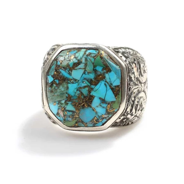 925 Ayar Gümüş El Kalemi İşlemeli Kolu & Damarlı Firuze Taşlı Erkek Yüzüğü - Resim 5