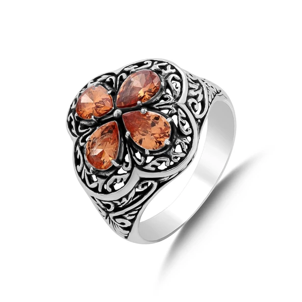 925 Ayar Gümüş Damla Taşlı Turuncu Topaz İşlemeli Yüzük - Resim 6