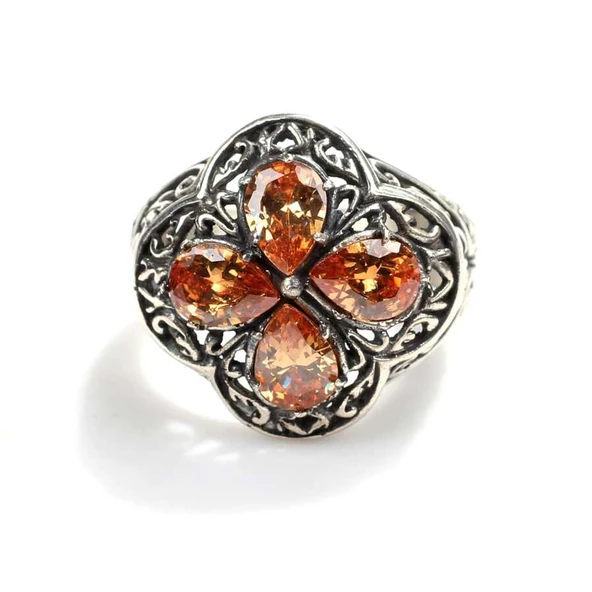 925 Ayar Gümüş Damla Taşlı Turuncu Topaz İşlemeli Yüzük - Resim 5