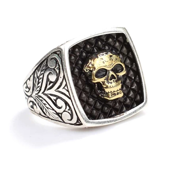 925 Ayar Gümüş Kurukafa Kolları İşlemeli Erkek Yüzük - Resim 2