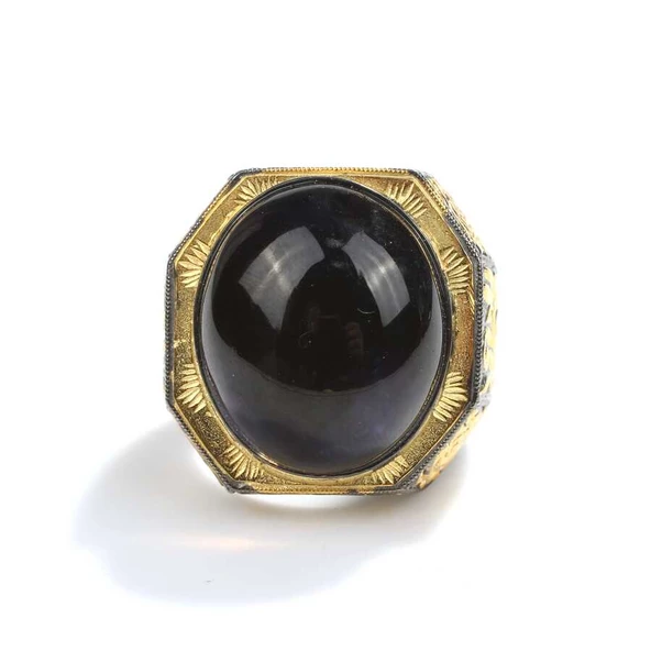 925 Ayar Gümüş Oval Sentetik Safir Taşlı Erkek Yüzüğü - Resim 5