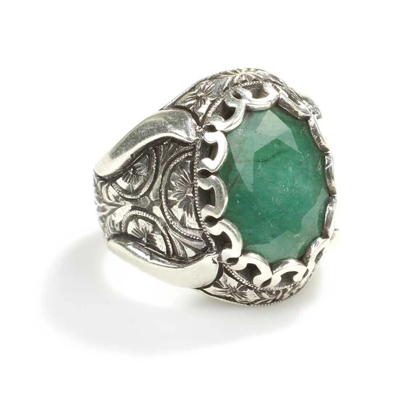 925 Ayar Gümüş Oval Zümrüt Taşlı Erkek Yüzüğü - Resim 3