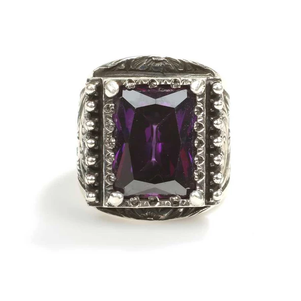 925 Ayar Gümüş Dikdörtgen Ametist Taşlı İşlemeli Erkek Yüzük - Resim 5