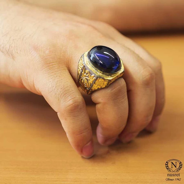 925 Ayar Gümüş Oval Sentetik Safir Taşlı Erkek Yüzüğü ürün görseli 1