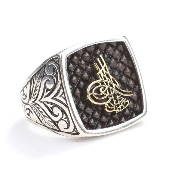 925 Ayar Gümüş Osmanlı Tuğrası Kolları İşlemeli Erkek Yüzük - Resim 2