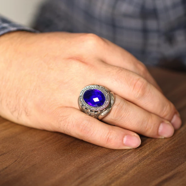 925 Ayar Gümüş Oval Sentetik Safir Taşlı İşlemeli Kollu Erkek Yüzük - Resim 8