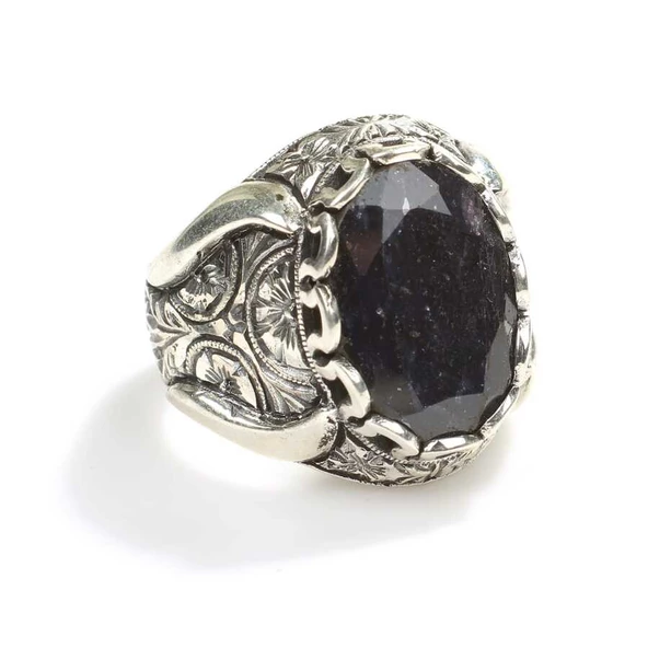 925 Ayar Gümüş Oval Kök Safir Taşlı Elişi Kalemli Erkek Yüzük - Resim 3