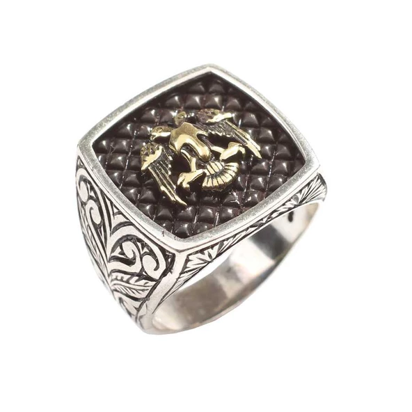 925 Ayar Gümüş Anadolu Kartalı Kolları İşlemeli Erkek Yüzük ürün görseli 1