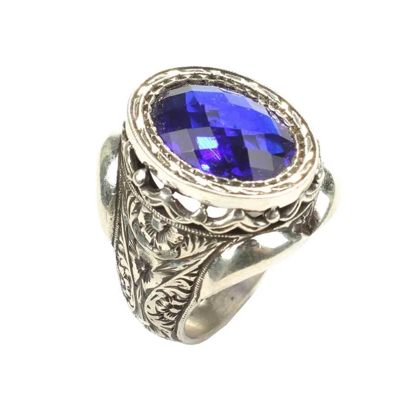 925 Ayar Gümüş Oval Sentetik Safir Taşlı İşlemeli Kollu Erkek Yüzük - Resim 3