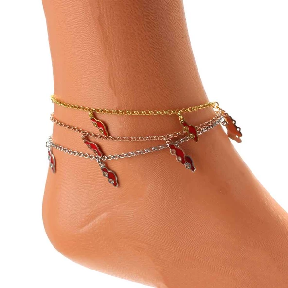 925 Ayar Gümüş 6 Adet Kırmızı Mineli Araba Motifli Halhal - Resim 2