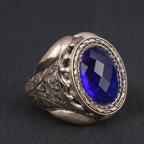 925 Ayar Gümüş Oval Sentetik Safir Taşlı İşlemeli Kollu Erkek Yüzük ürün görseli 1