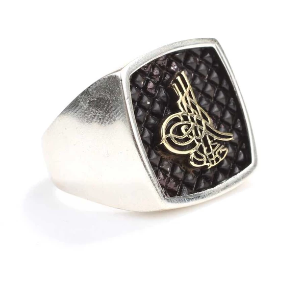 925 Ayar Gümüş Kabartmalı Osmanlı Tuğrası Erkek Yüzük - Resim 2