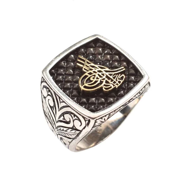 925 Ayar Gümüş Osmanlı Tuğrası Kolları İşlemeli Erkek Yüzük ürün görseli 1