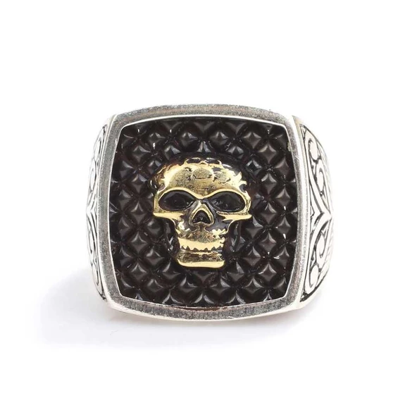 925 Ayar Gümüş Kurukafa Kolları İşlemeli Erkek Yüzük - Resim 4